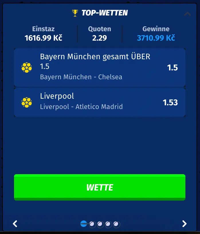 BigClash Sportwetten Tipps Top Wetten Anzeige mit Einsatz, Quoten und möglichem Gewinn